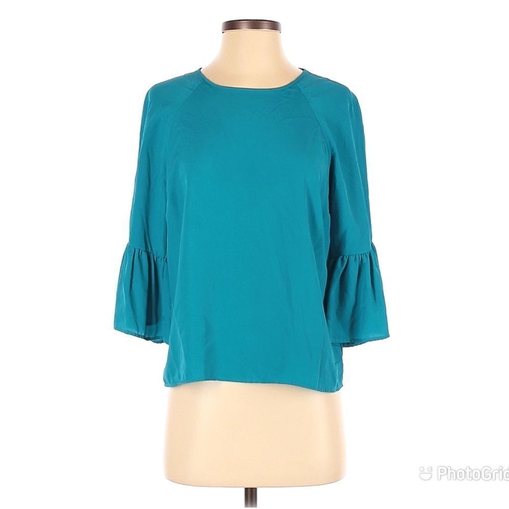 TRACY REESE Bell Sleeve Blouse Silky Tie Back Keyhole Teal Green Blue Small
